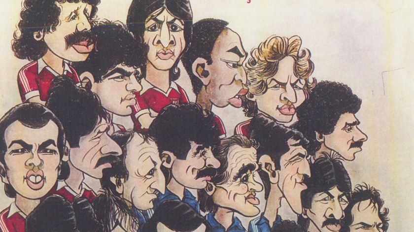 A "selecção de todos nós" em 1986: Bento, Veloso, João Pinto, Chalana, Frasco, Jaime Pacheco, Humberto Coelho, Fernando Gomes, entre outros. Uma caricatura de Francisco Zambujal