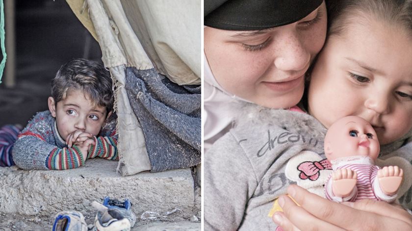 À esquerda: Hakim (três anos) no campo de refugiados de Domiz, no Curdistão iraquiano. À direita: Qamar (13 anos) com a sua filha Raneem, de um ano, em Ramtha, Jordânia. Fotos: UNICEF