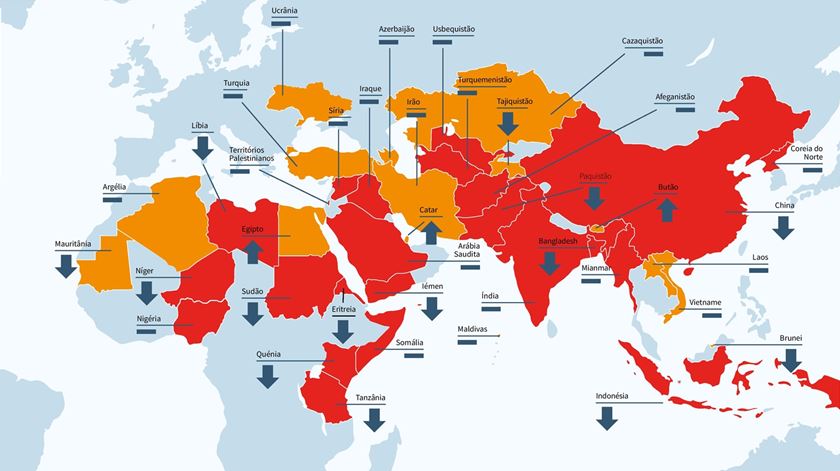 Mapa da Ajuda à Igreja que Sofre mostra os pontos de maior preocupação com liberdade religiosa no mundo em 2016. Foto: AIS