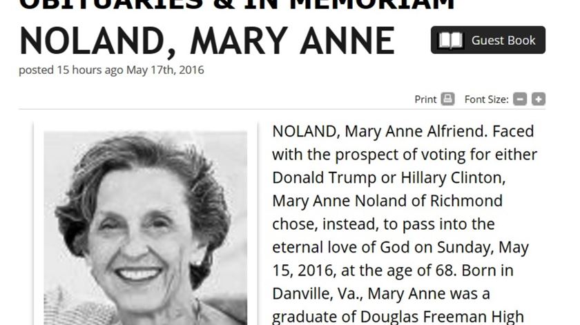 Obituário de Mary Anne Noland, que agora não terá de votar nem pelo Trump nem por Clinton. Foto: DR